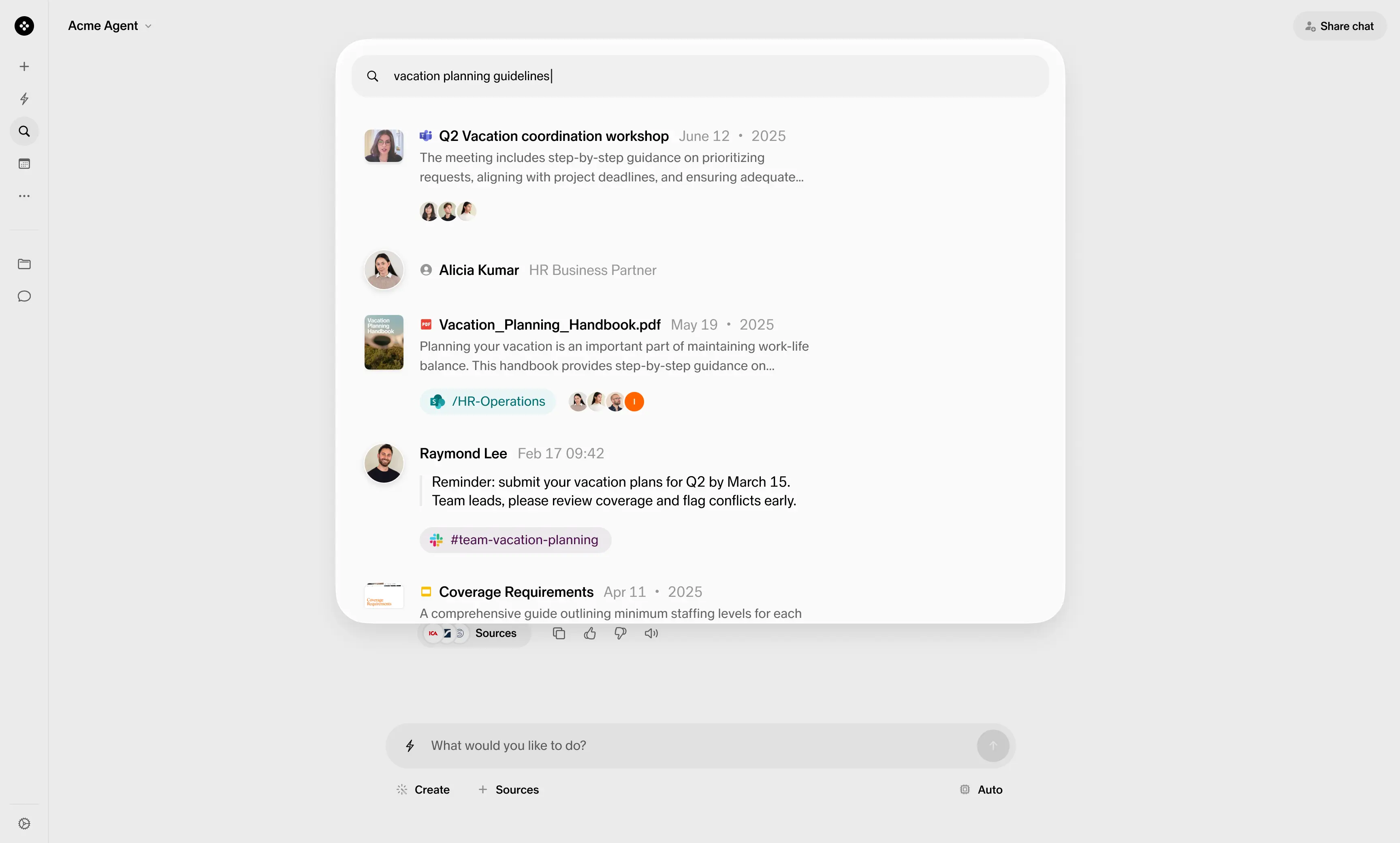 Sana finding vacation guidance across a meeting, company handbook and Slack conversation