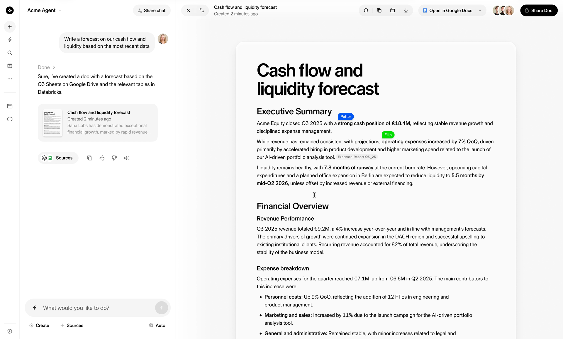 A collaborative report created in Sana with source references, company context and shared editing