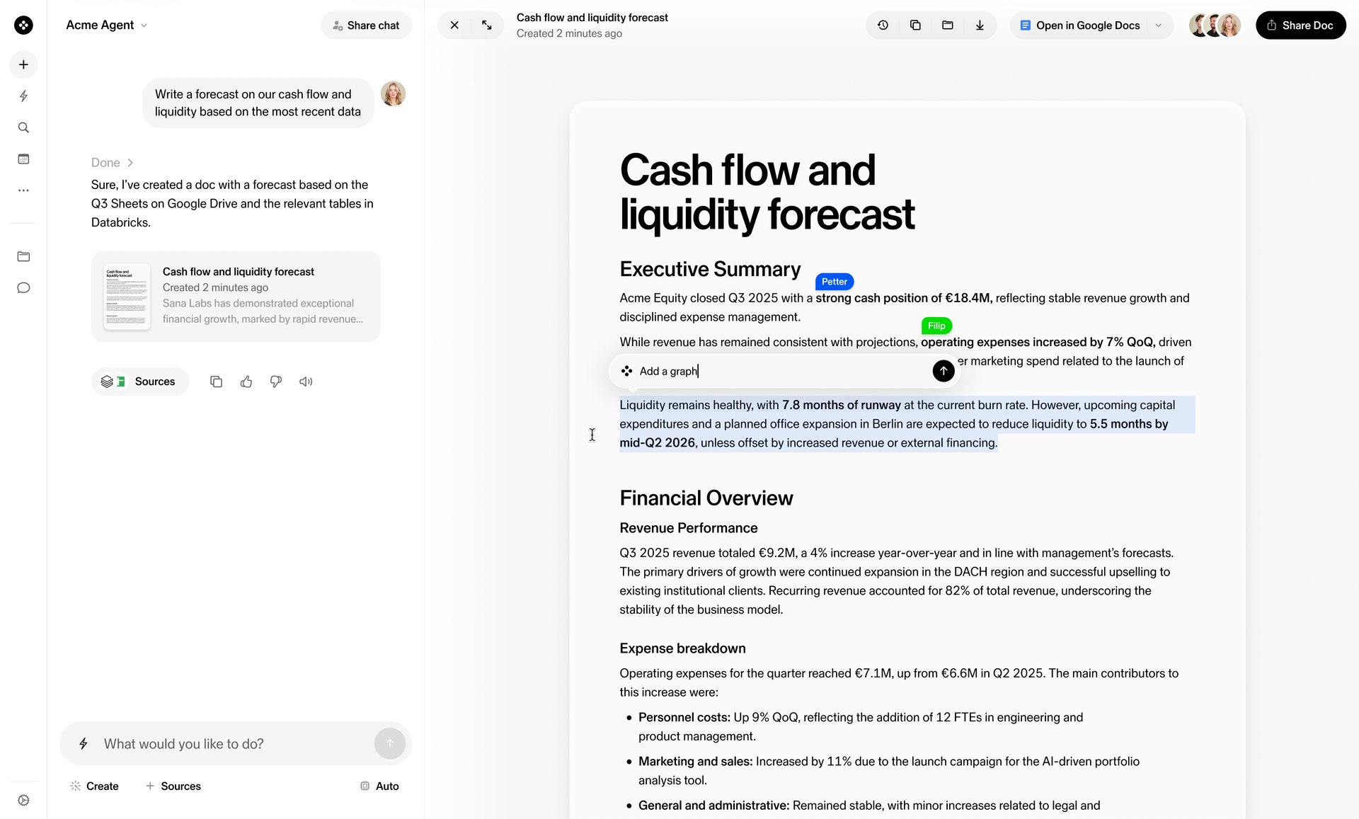 Sana using connected company sources to produce a document with supporting references and an editable highlighted passage